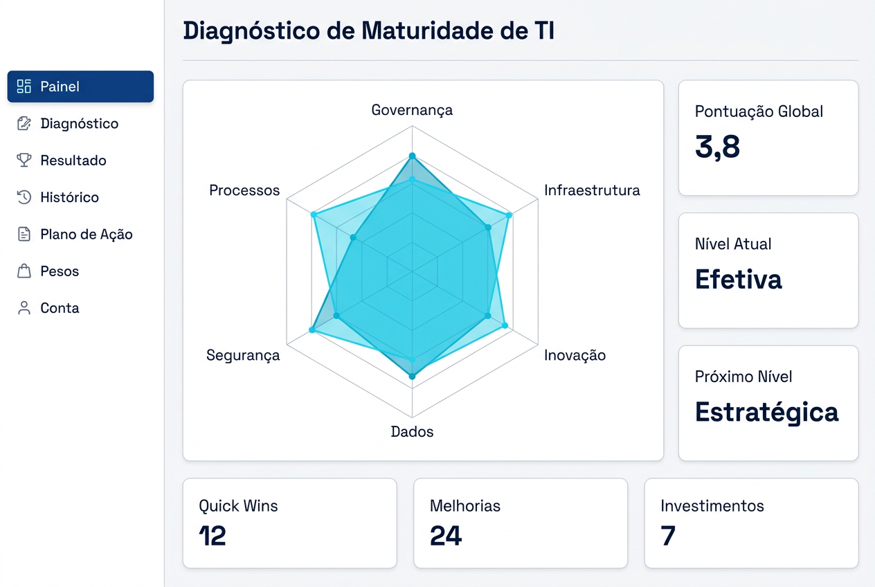 Painel de indicadores de maturidade de TI com gráfico radar das seis dimensões